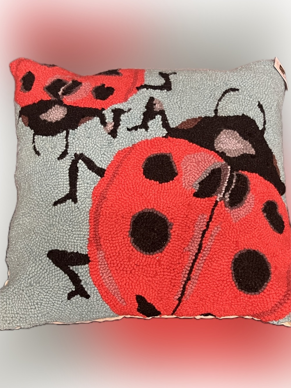 Peking Handicrafts wool ladybug pillow 18” x 18”poly velvet back - NWT